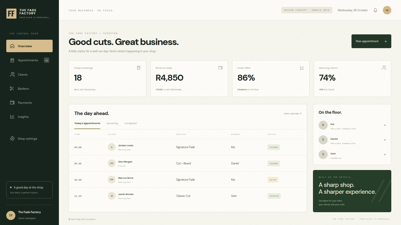 The Fade Factory owner dashboard design concept