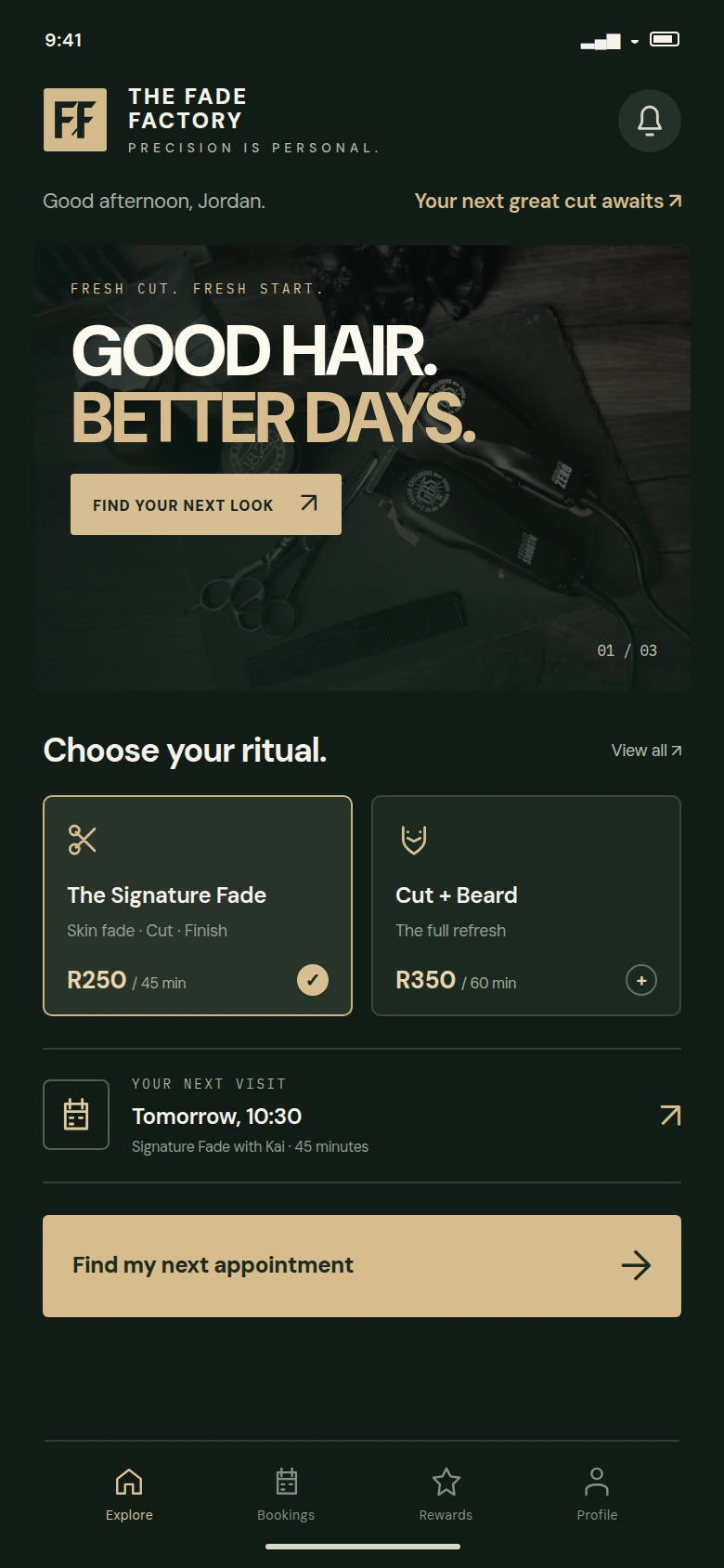 The Fade Factory mobile booking app design concept