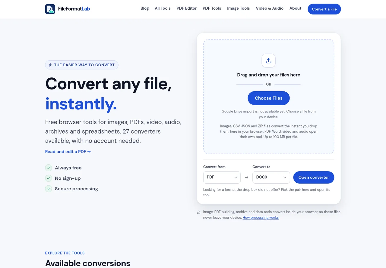 FileFormatLab website displayed at desktop size