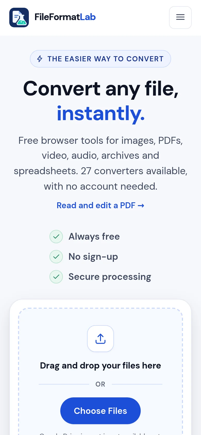 FileFormatLab website displayed at mobile size