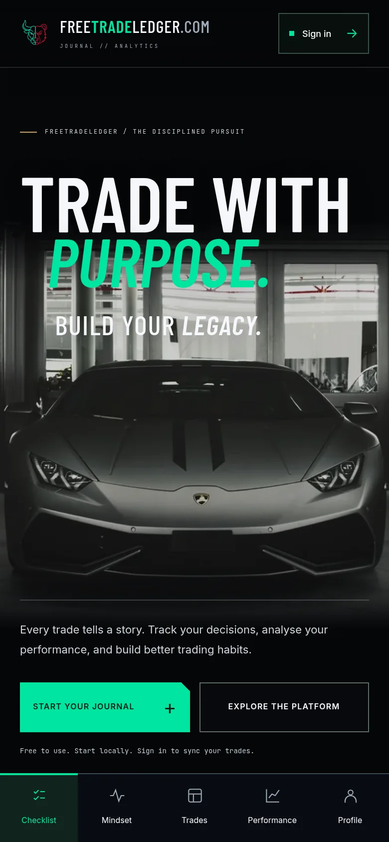 FreeTradeLedger website displayed at mobile size