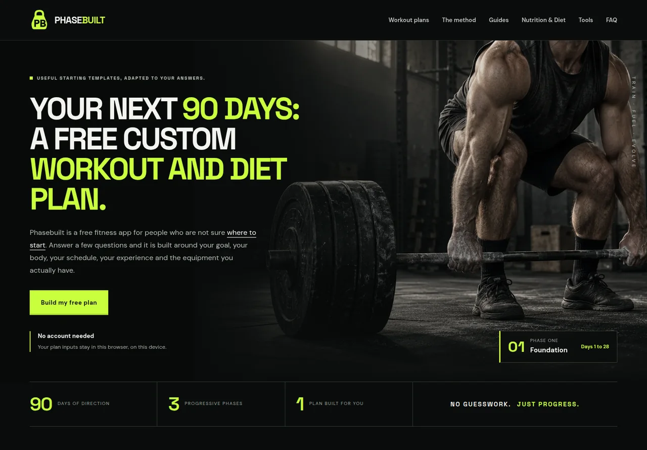 PhaseBuilt website displayed at desktop size