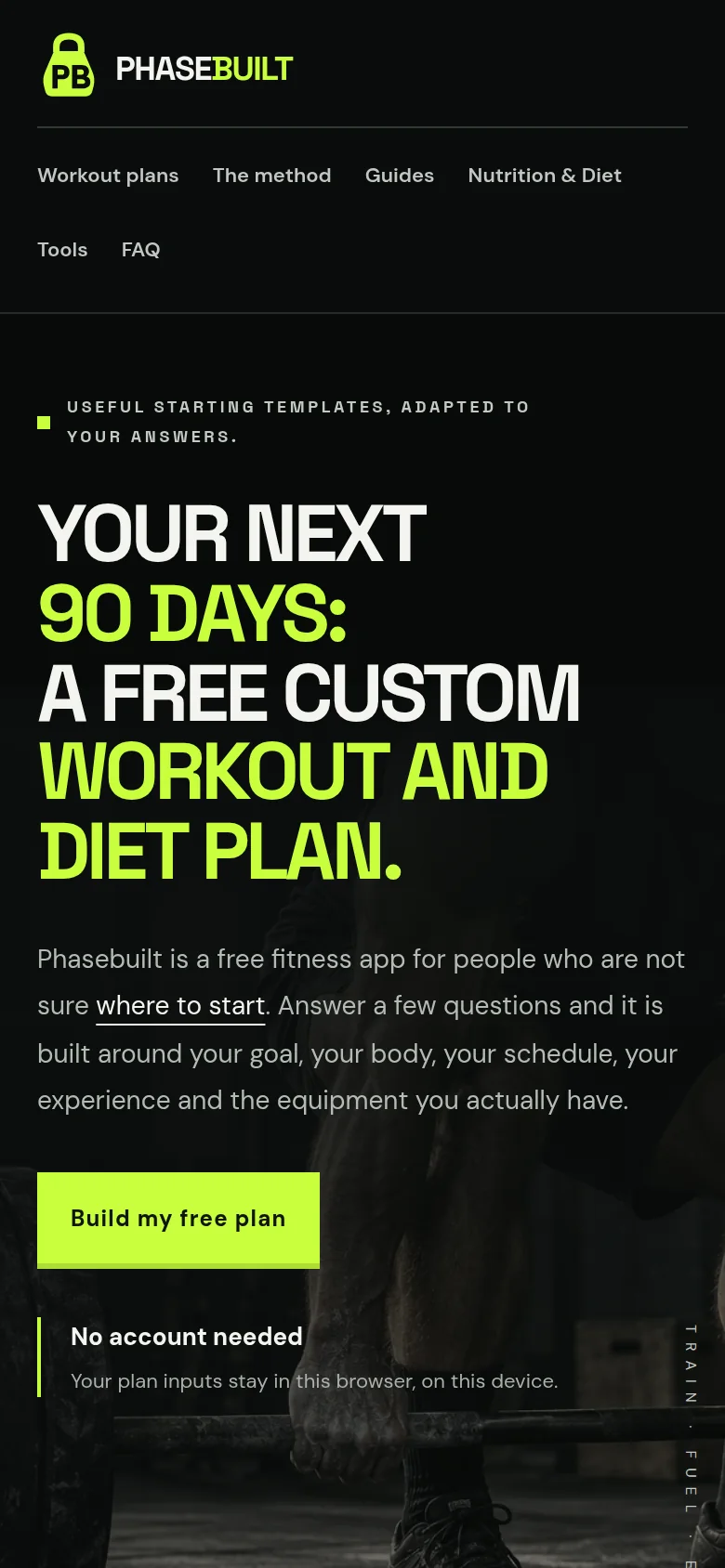 PhaseBuilt website displayed at mobile size